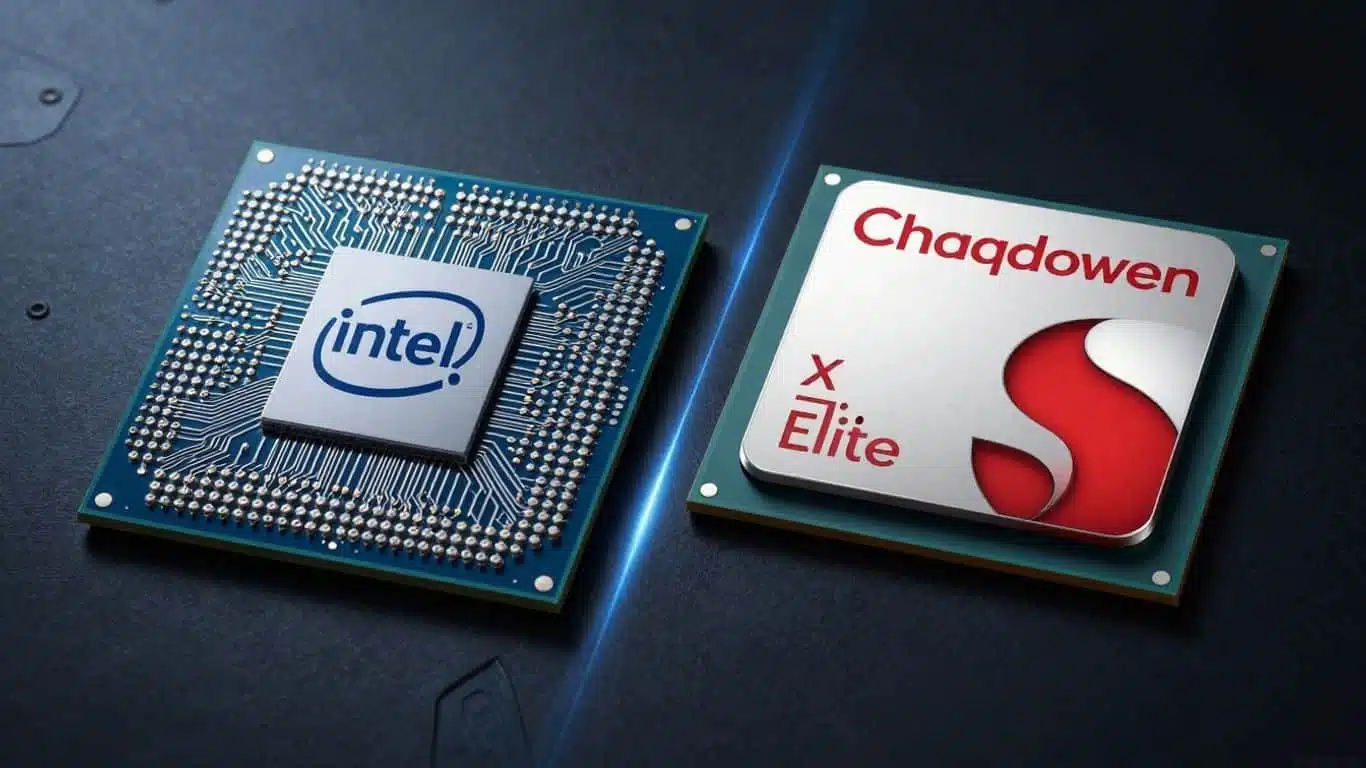 Comparaison processeurs Intel Core Ultra et Qualcomm Snapdragon X Elite.