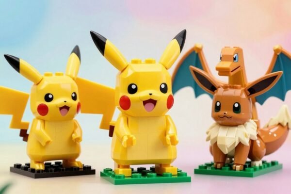 Figurines LEGO de Pikachu, Évoli et Dracaufeu.