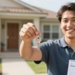 Propriétaire souriant devant sa maison avec une clé.