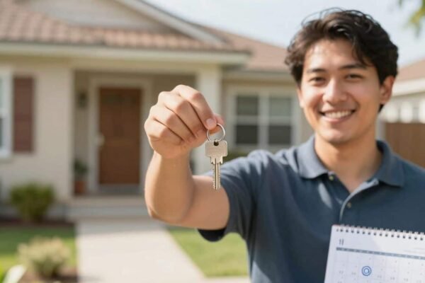 Propriétaire souriant devant sa maison avec une clé.