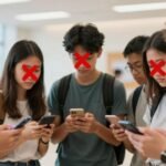 Adolescents regardent des téléphones, interdiction pour les moins de 15 ans.