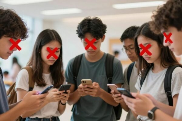 Adolescents regardent des téléphones, interdiction pour les moins de 15 ans.