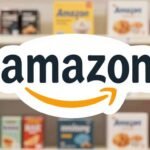 Logo Amazon avec des produits en promotion.