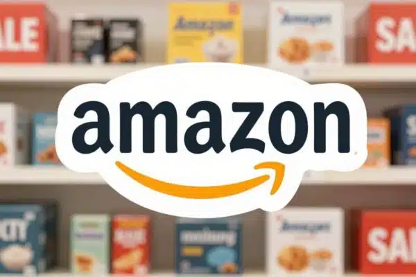 Logo Amazon avec des produits en promotion.