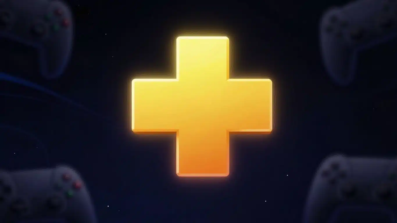 Logo PlayStation Plus avec des éléments de jeu mystérieux.