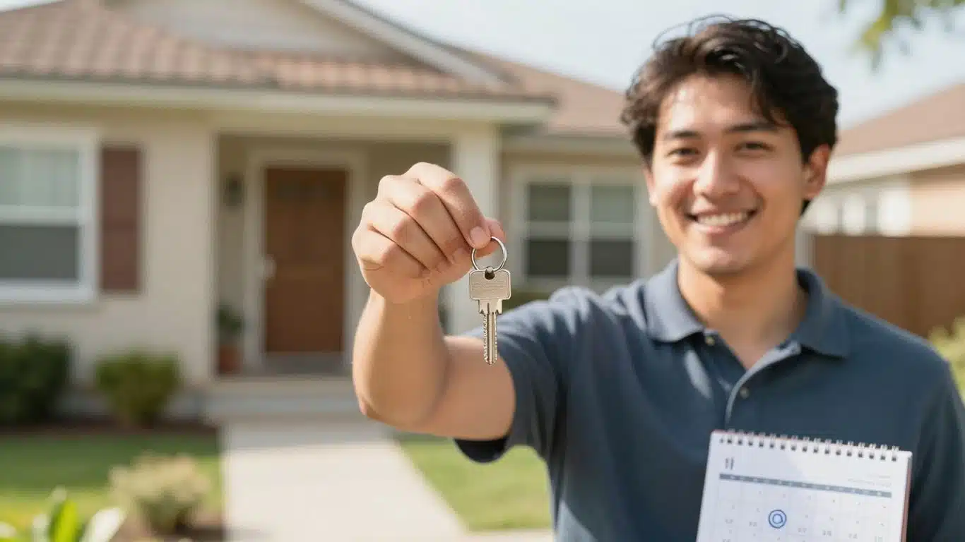 Propriétaire souriant devant sa maison avec une clé.