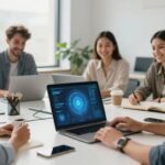 Professionnels utilisant l'IA dans un bureau moderne lumineux.