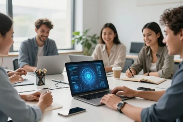 Professionnels utilisant l'IA dans un bureau moderne lumineux.