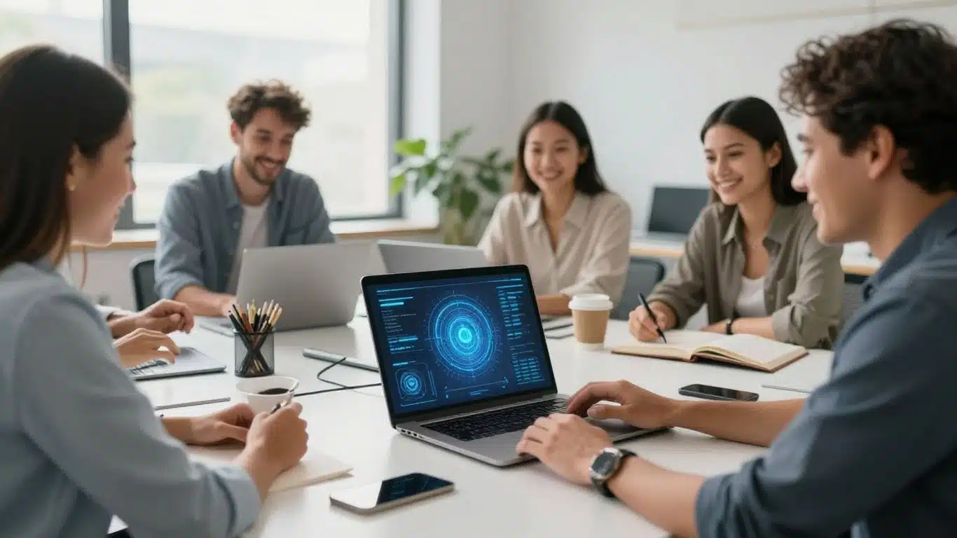 Professionnels utilisant l'IA dans un bureau moderne lumineux.