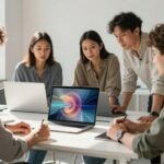 Équipe travaillant dans un bureau moderne avec un ordinateur portable.