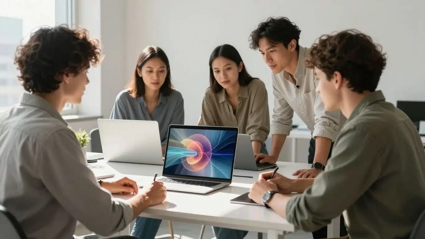 Équipe travaillant dans un bureau moderne avec un ordinateur portable