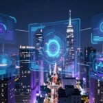 Paysage urbain futuriste avec des interfaces holographiques lumineuses.