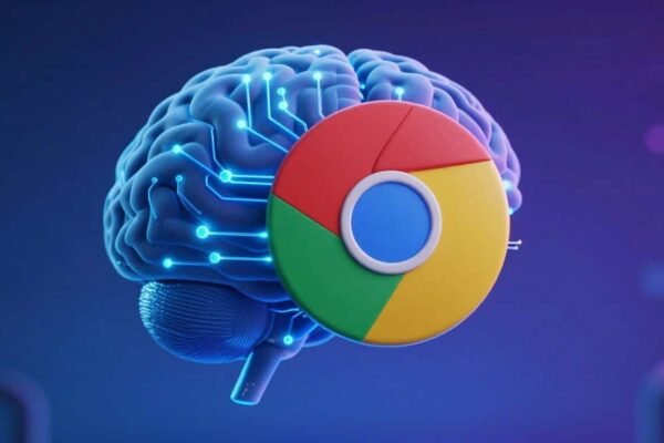 Cerveau numérique fusionnant avec le logo Chrome.