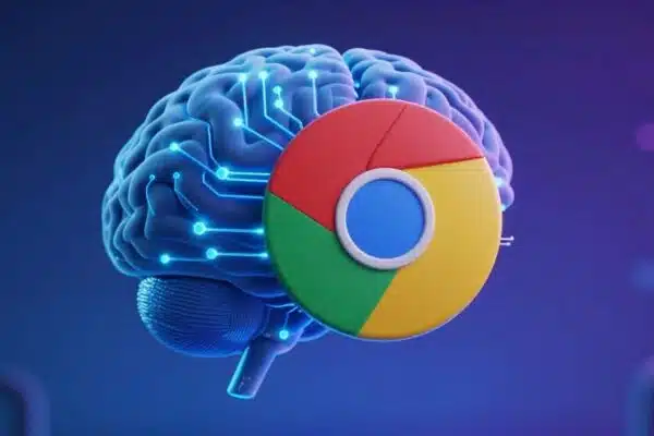 Cerveau numérique fusionnant avec le logo Chrome.