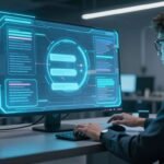 Ingénieur devant ordinateur moderne dans un bureau futuriste