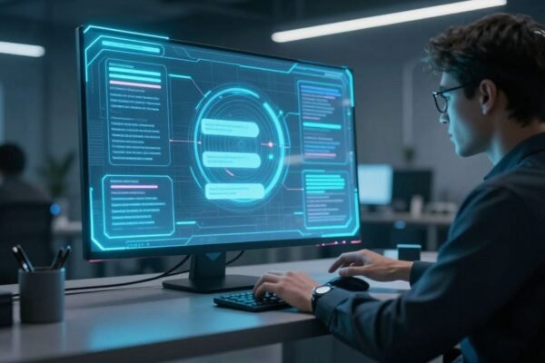 Ingénieur devant ordinateur moderne dans un bureau futuriste