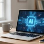 Ordinateur portable sur un bureau moderne avec ambiance IA