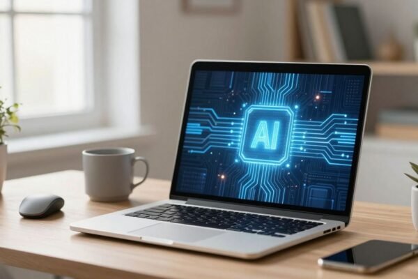 Ordinateur portable sur un bureau moderne avec ambiance IA