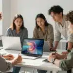 Équipe travaillant dans un bureau moderne avec un ordinateur portable.