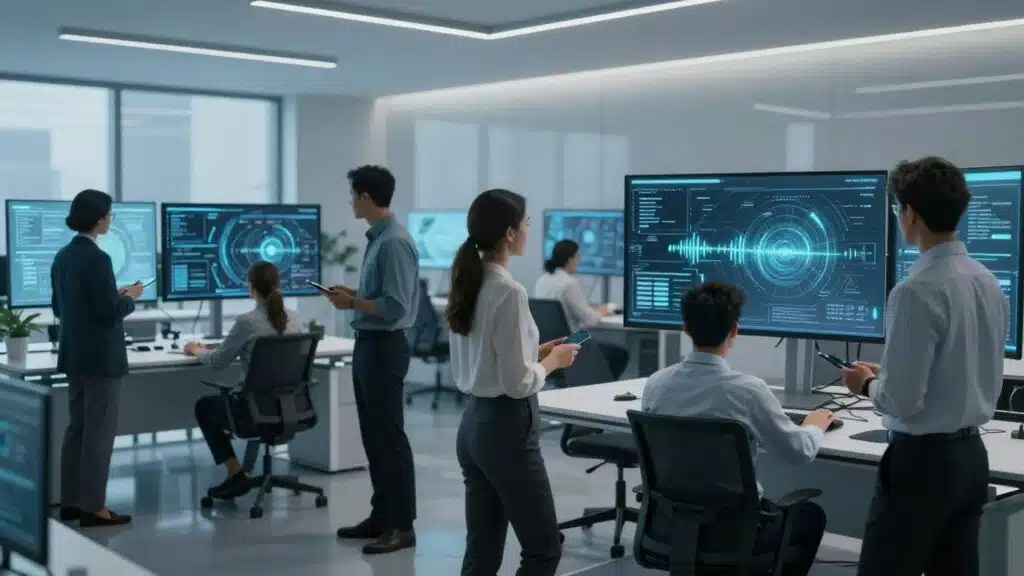 Professionnels travaillant avec des interfaces IA futuristes dans un bureau.