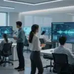 Professionnels travaillant avec des interfaces IA futuristes dans un bureau.