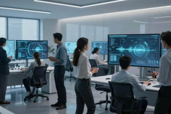 Professionnels travaillant avec des interfaces IA futuristes dans un bureau.