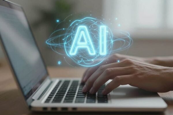 Mains tapant sur un clavier d'ordinateur portable avec IA.