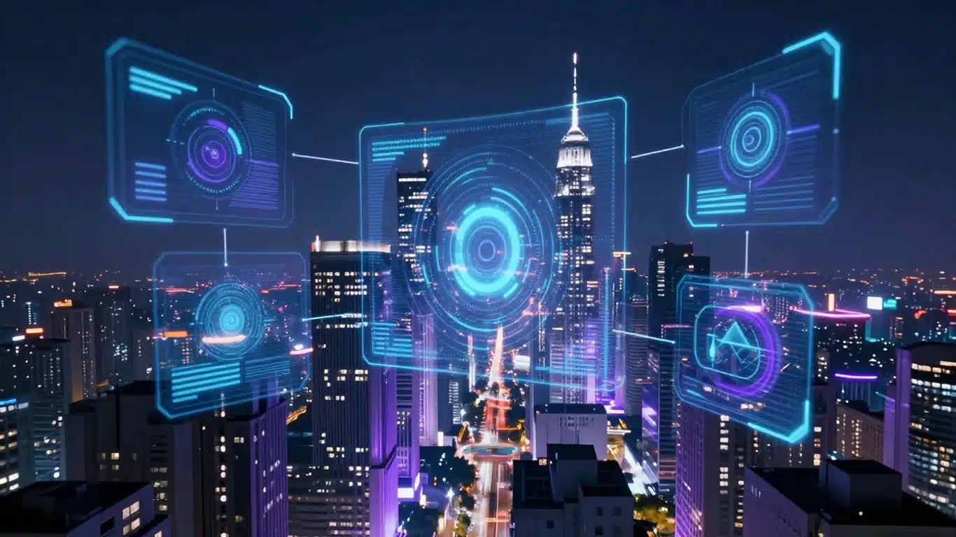 Paysage urbain futuriste avec des interfaces holographiques lumineuses.