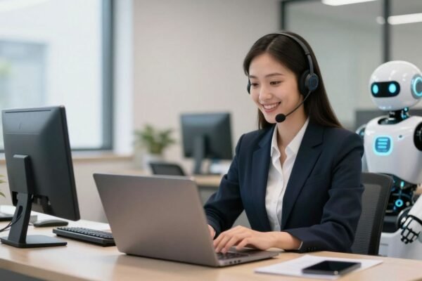 Agent de service client PME avec assistant robot moderne