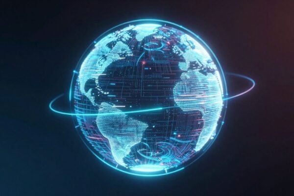 Interface de chatbot ChatGPT avec des motifs numériques lumineux.