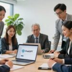 Professionnels réunis autour d'un ordinateur avec ChatGPT affiché