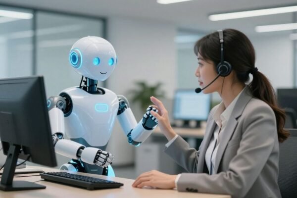 Robot et humain travaillant ensemble au service client.