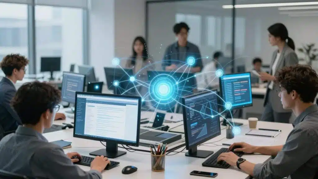 Personnes travaillant sur des interfaces numériques modernes.