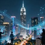 Paysage urbain futuriste avec des flux numériques et des interfaces holographiques.