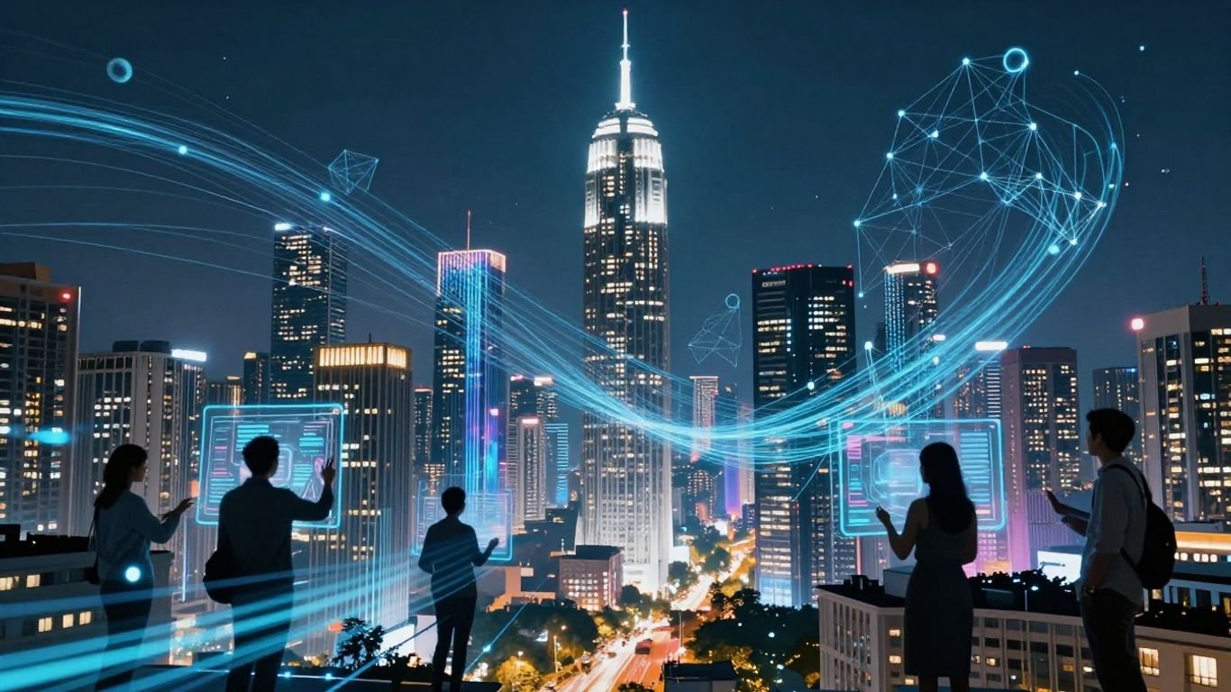 Paysage urbain futuriste avec des flux numériques et des interfaces holographiques.