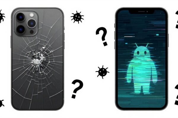 Écrans d'iPhone et Android avec des bugs et des solutions.
