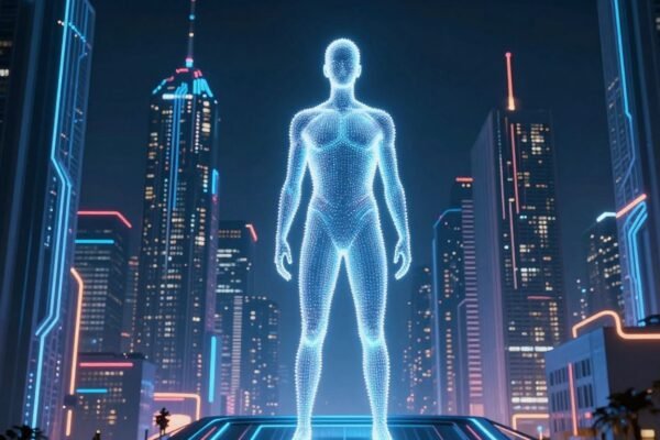 Ville futuriste avec circuits lumineux et silhouette humaine.
