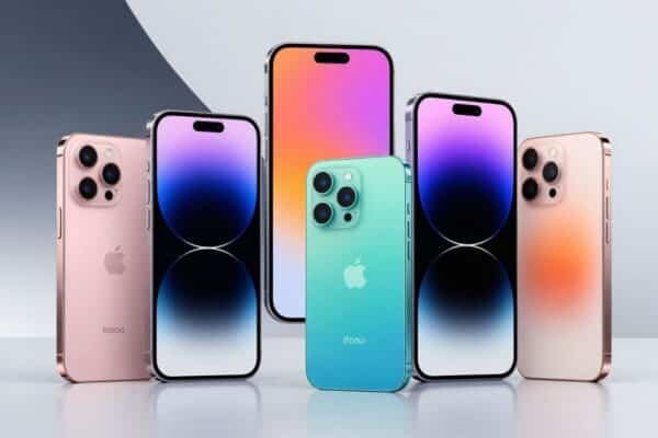 Smartphones modernes avec écrans lumineux et objectifs de caméra.