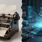 Presse ancienne et interface IA futuriste fusionnant.