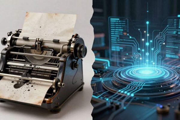 Presse ancienne et interface IA futuriste fusionnant.