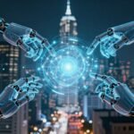 Ville futuriste avec réseaux neuronaux et mains robotiques.