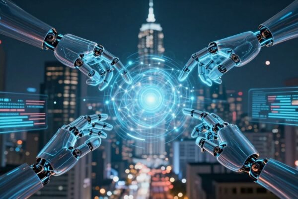 Ville futuriste avec réseaux neuronaux et mains robotiques.