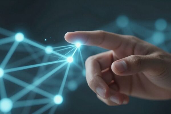 Main d'humain interagissant avec un réseau IA abstrait.