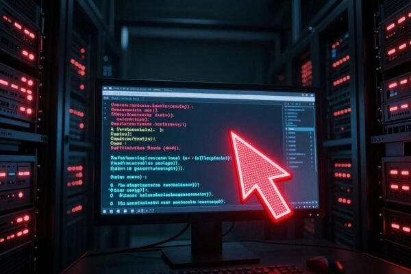 Serveur en décomposition, curseur rouge menaçant sur écran.