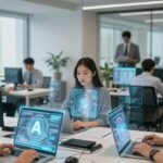 Professionnels utilisant l'IA dans un bureau moderne.