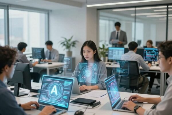 Professionnels utilisant l'IA dans un bureau moderne.