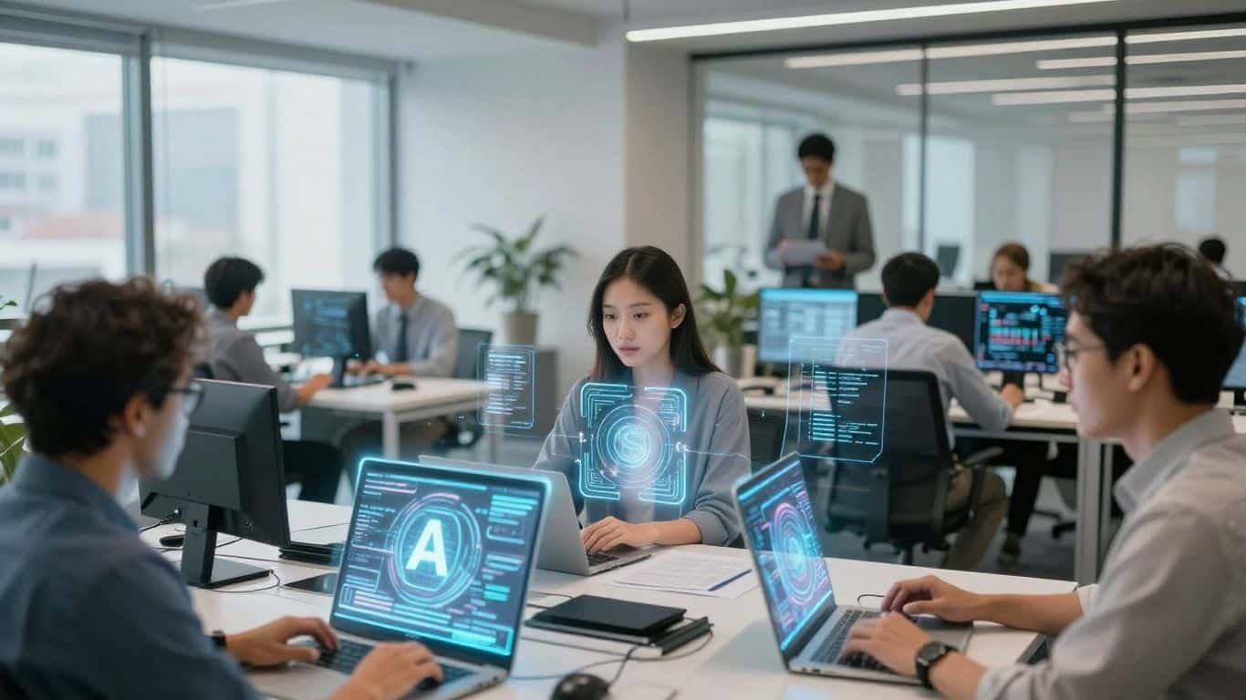 Professionnels utilisant l'IA dans un bureau moderne.