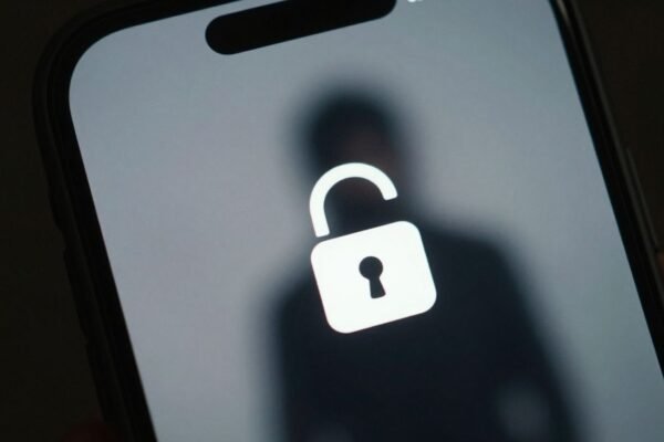 Smartphone piraté : icône de verrouillage et silhouette sombre.