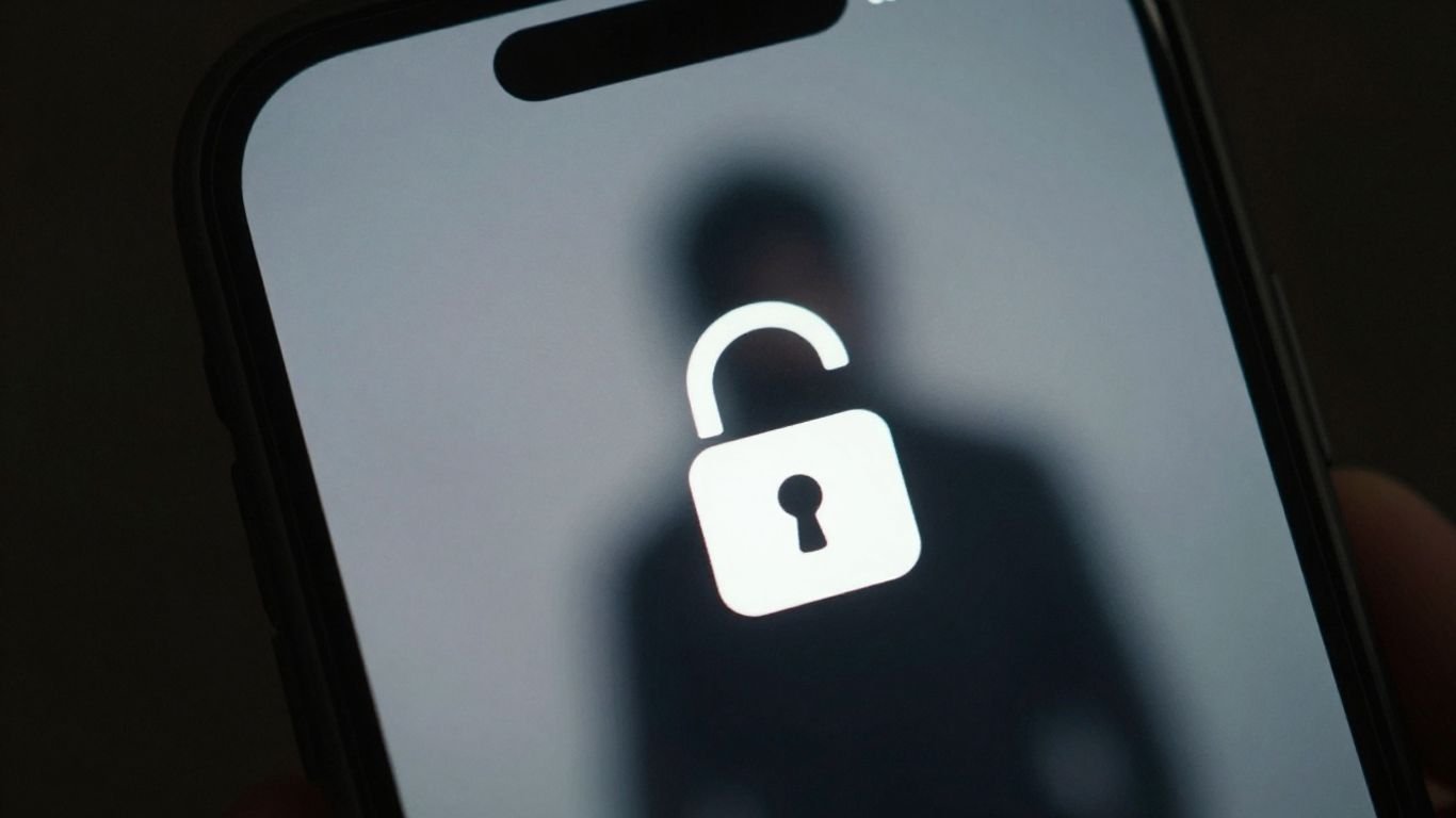 Smartphone piraté : icône de verrouillage et silhouette sombre.