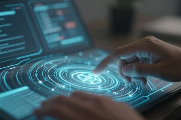 Personne utilisant une interface numérique abstraite et lumineuse.